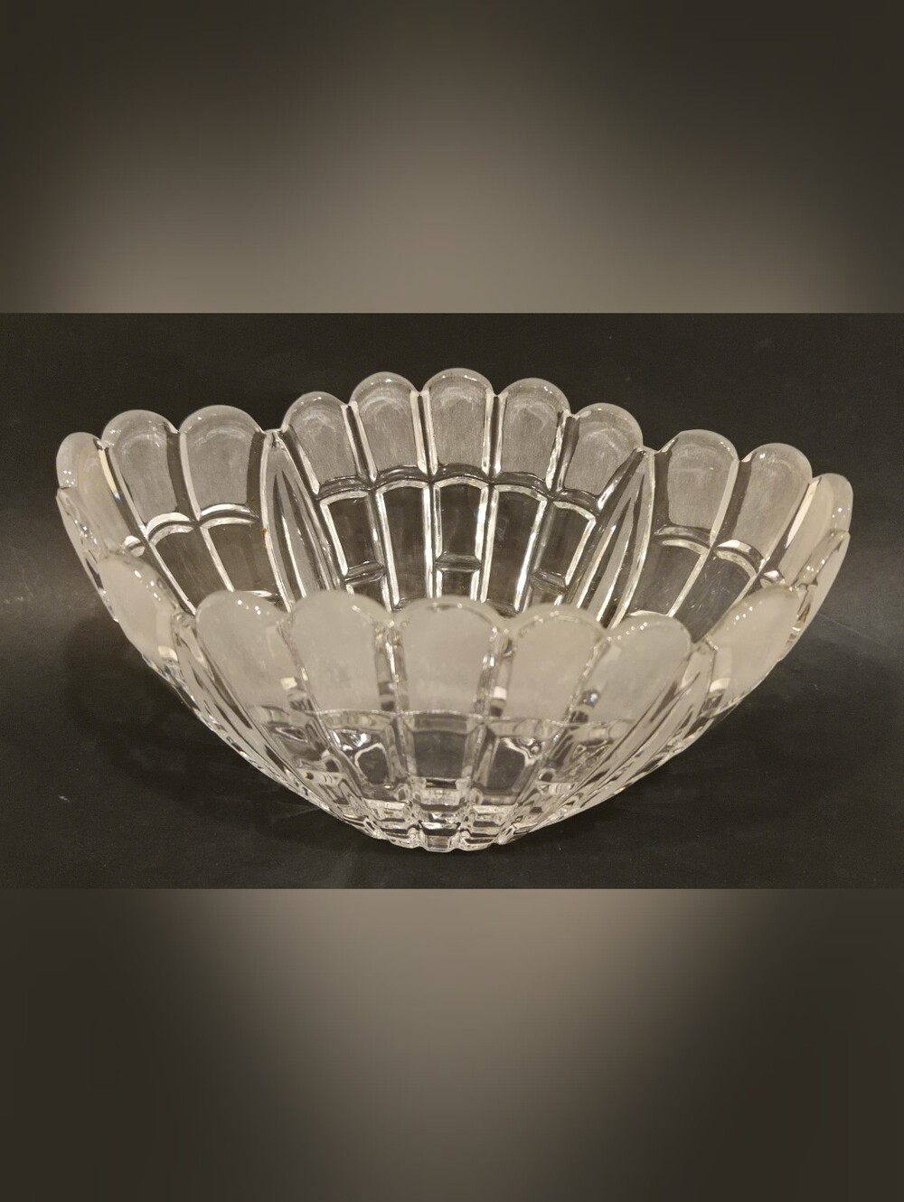 Vintage Clear And Frosted Glass Scalloped Decorative Oval Bowl - Home Art